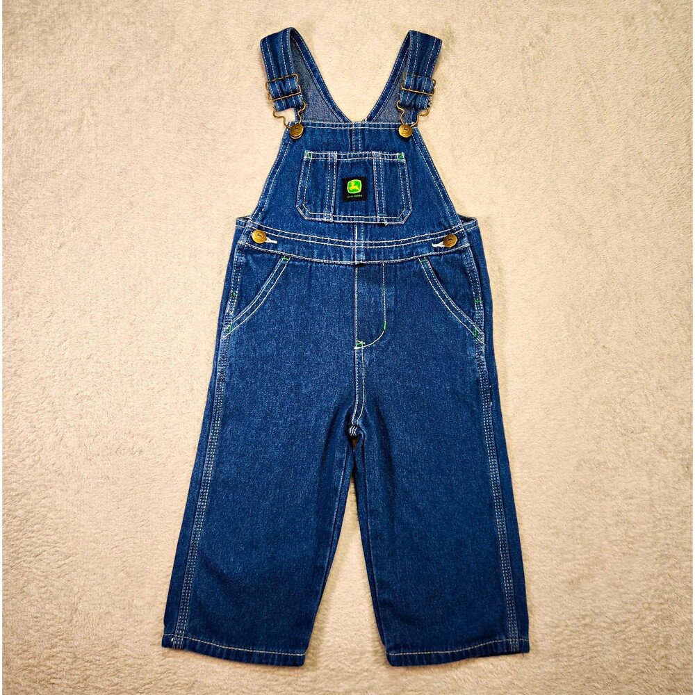 John Deere 2T Blue Denim Bib Overalls Adjustable Straps Pockets 100% Cotton